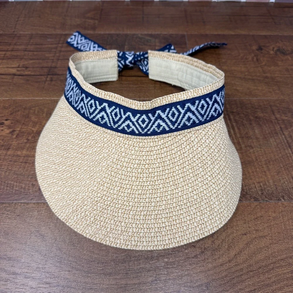 NWT Sea & Grass Straw Visor Navy Blue Geometric Ribbon Tie Back Adjustable